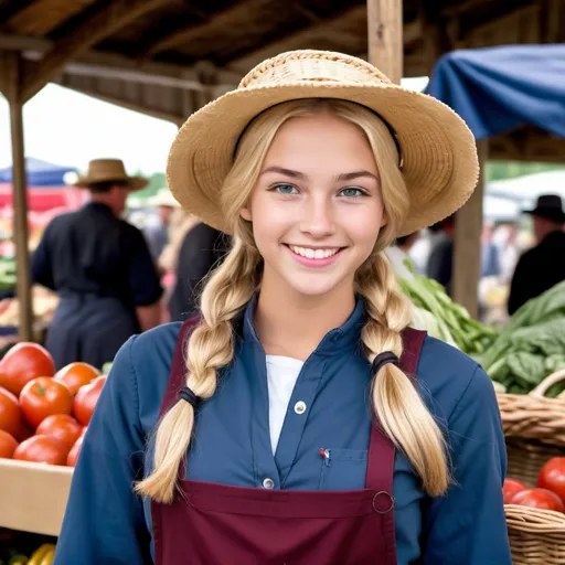 Prompt: (Amish 22 year-old young lady), slim and cute figure, long blonde hair tied up under an Amish bonnet, working at a stall in a bustling farmers market, shy yet expressive smile, colorful fresh produce surrounding her, warm and inviting ambiance, soft natural lighting, rustic market background, detailed facial features capturing youthfulness, wearing traditional Amish clothes, high definition, ultra-detailed.