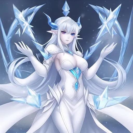 Prompt: 1woman, fair skinned woman, ice queen, elf with ice dragon horns and scales, standing in a snow covered battlefield, wears queenly robes, skinny body, regal, caries a book, gloved hands, hi res, lovely face, seen in reflection,