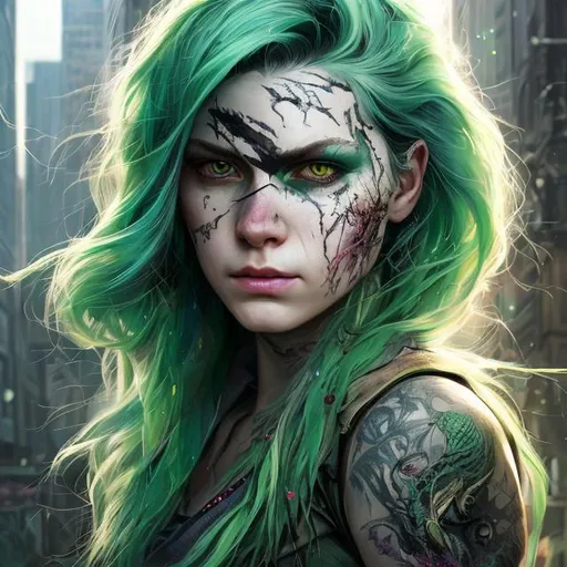 Prompt: Portrait of female with {green} hair and with gently scarred face, {city}, perfect composition, hyperrealistic, super detailed, 8k, high quality, trending art, trending on artstation, sharp focus, studio photo, intricate details, highly detailed