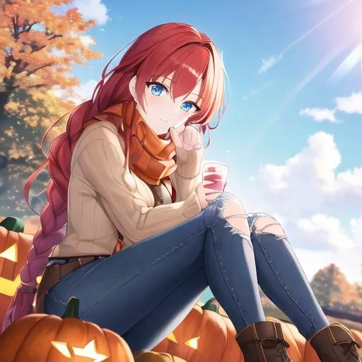 Prompt: Haley 1female (braided red hair pulled back, lively blue eyes), highly detailed face, 8K, UHD, wearing a cozy oversized sweater, ripped jeans, and ankle boots, in the park, fall. Model, wearing a scarf, looking up at the sky, in a pumpkin patch, posing for the camera