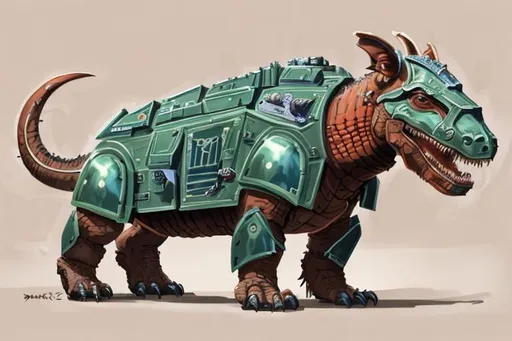 Prompt: Incredibly detailed concept art of a Moschops capensis wearing Mandalorian armor, by Denis Beauvais, Stjepan Sejić, and darren tan. Traits of Full body, long tail, flat pug face, dinosaur, Lystrosaurus murrayi, and Therapsid. Brown and red skin. Green armor. Open mouth, sharp teeth. Rabid. Sharp focus. Sharp eyes.