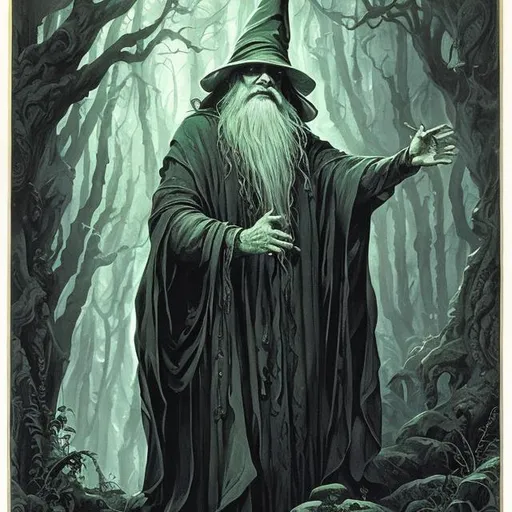 Prompt: lavish wizard of old, casting a spell, lighting, magical, polished, stunning forest background fine polished detailed, leonard hale style