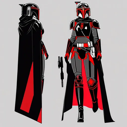 Prompt: black/red female mandalorian, skinny, rectangular figure, concept art, black armour, red detailing, angular, antenna, cape