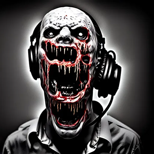 Prompt: Half eaten zombie screaming with headphone, horror, gore, ultrarealistic, scary, 4k, award winning photo, monochrome