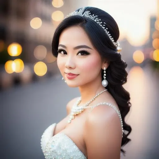 Prompt: "the pearl, the bride, the city on a hill", very beautiful young woman, city background, shiny pearls, 28mm lens, F4.5, studio lighting