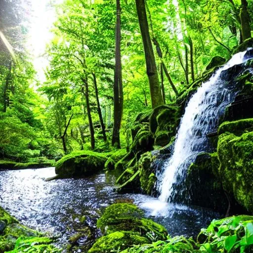 Prompt: small waterfall in a green forest surrounded by trees