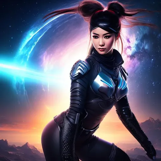 Prompt: create photograph of beautiful female ninja who is wearing futuristic costume,  night time and beautiful sky  space and planets an nebulae in sky highly detailed, detailed face, extremely detailed environment, extremely detailed background, extremely detailed skin, extremely detailed clothing, natural colors , professionally color graded, photorealism, 8k, realistic, moody lighting, galactic environment, volumetric lighting
