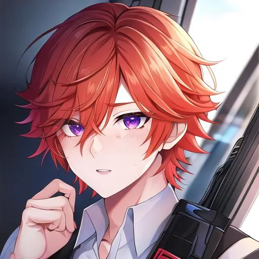 Prompt: Erikku male (short ginger hair, freckles, right eye blue left eye purple) UHD, 8K, Highly detailed, insane detail, best quality, high quality, Upset