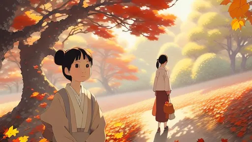 Prompt: Beautiful woman oil painting Hayao Miyazaki and Isao Takahata style art, complimentary colours, wide angle framing, sunset, autumn leaves flying soft breeze