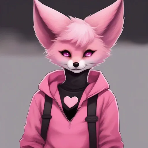 Prompt: Pink punk hair, pink fennec fox, black pink eyes, with a black eyepatch on the right side with a pink heart shape, with pink cheeks, dark brown long sweater with sleeves, black pants with a black belt