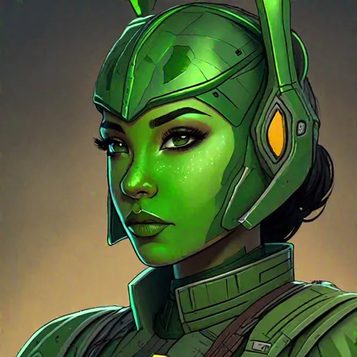 Prompt: A green skinned scifi green female mandalorian with green skin. she has short black hair. mandalorian uniform. she has green skin. Handsome. well drawn green face. detailed. star wars art. 2d art. 2d, green character, green species