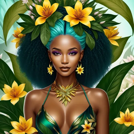 Prompt: Three mystical black women with vibrant blue hair, vibrant blooming flowers, mystical setting, magical atmosphere, unity and celebration, high quality, mystical art style, vibrant blue and purple tones, soft and ethereal lighting, detailed facial features, flowing and elegant hair, magical and enchanting, friendship and harmony, abundance and unity, professional, detailed, magical realism, fantasy with 3 of cups