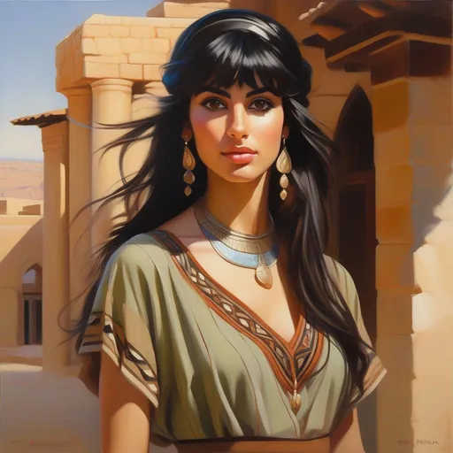 Prompt: Facial portrait of a young Jordanian woman, pale olive skin, black hair, bangs, dark brown eyes, cartoony style, extremely detailed painting by Greg Rutkowski and by Henry Justice Ford and by Steve Henderson 
