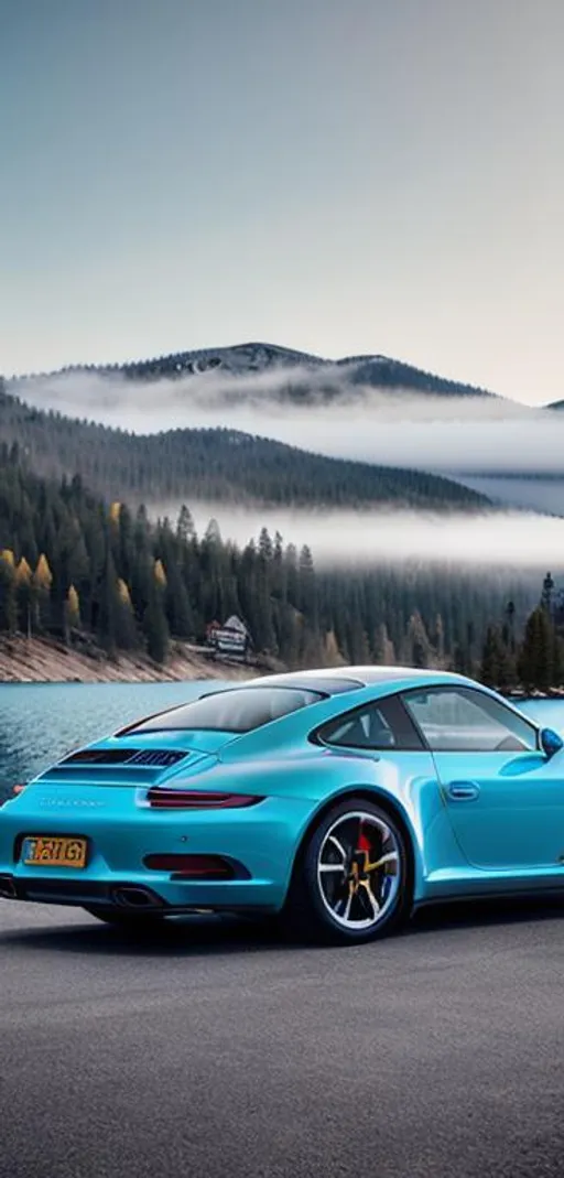 Prompt: porsche 911 in blue standing in dock, centred mist volumetric, cinimatic ligthing, octane render, 4k resolution, in front of lake tahoe