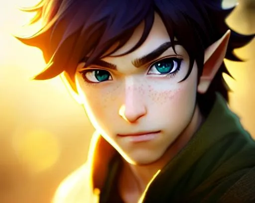 Prompt: Half-elf, male, shaved, green eyes, small freckles, smooth soft skin, slightly smiling, curly light colored hair, symmetrical, teenager, round face, elf ears, forest, fireball, happy, soft lighting, detailed face, by makoto shinkai, stanley artgerm lau, wlop, rossdraws, concept art, digital painting, looking into camera, wizard robe
