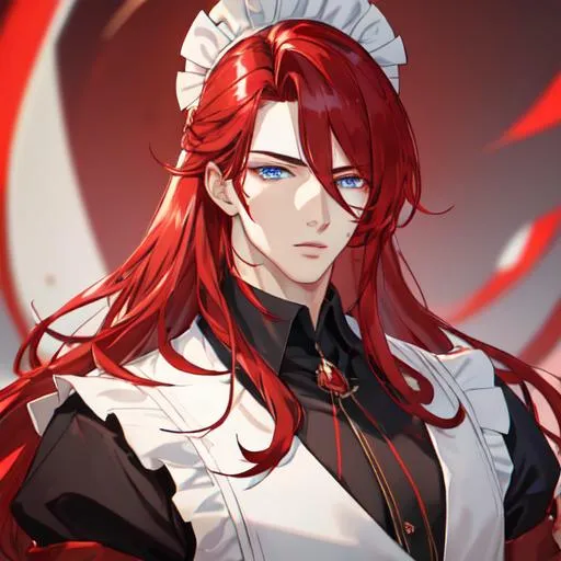 Prompt: Zerif 1male (Red side-swept hair covering his right eye, blue eyes), highly detailed face, adult. Handsome,  detailed, UHD, HD, 4K, highly detailed, red haze, masculine, anime style. wearing a maid outfit