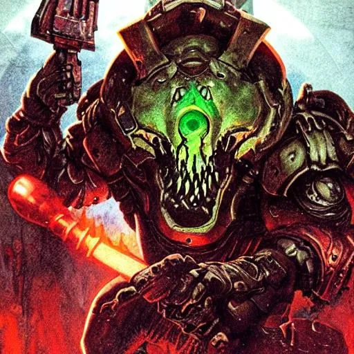 Prompt: Doom Slayer ripping off a demon head while holding in his right hand the crucible