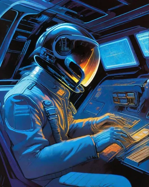 Prompt: In a dimly lit futuristic cockpit, a pilot completes his pre-flight checklist, flicking switches and tapping glowing holograms as outside the engines rumble to life. Neon blue light pulses across his helmet visor and control panel. In the style of Syd Mead