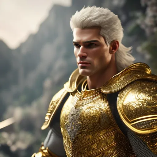 Prompt: beautiful photograph of most beautiful fictional, Knight, male, goodnes, muscle, White and golden, extremely, detailed environment, detailed blur background, intricate, detailed skin, natural colors , professionally color graded, photorealism, 8k, moody lighting.