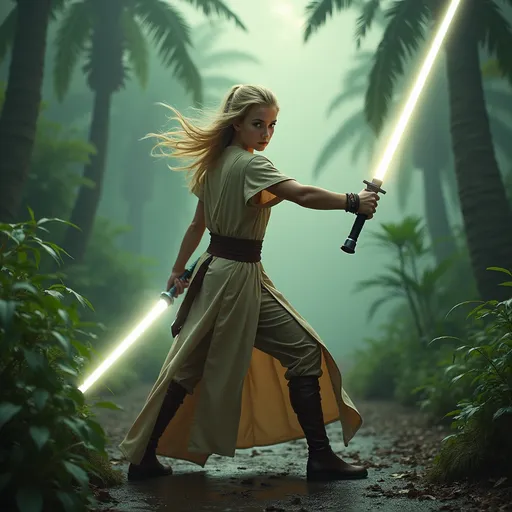 Prompt: Clad in a sleek, short-sleeved outfit of flowing beige and brown robes that highlights her athletic frame as it flows, a young woman stands poised in a dramatic battle pose in a landscape, wielding a glowing white lightsaber in one hand, she reaches out towards the camera with the other to use the force. Her blonde hair is flowing, accentuating her fierce expression as she prepares for battle against the backdrop of a wet dark rain forest with tropical plants and palm trees that tower ominously. The atmosphere is charged, with swirling clouds and a green haze in the distance, casting a dramatic glow that enhances the tension of the scene. Overall, the image conveys a sense of empowerment and urgency, blending elements of fantasy and adventure as the figure exudes confidence in an otherworldly setting.