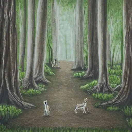 Prompt: a forest path crossed by a doe and her two cubs, drawn on canvas