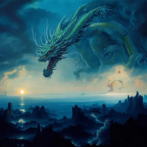 Prompt: Oil canvas, with a giant monstrosity of a transparent dragon 
