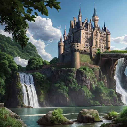 Prompt: A waterfall with a medievall castle in the background