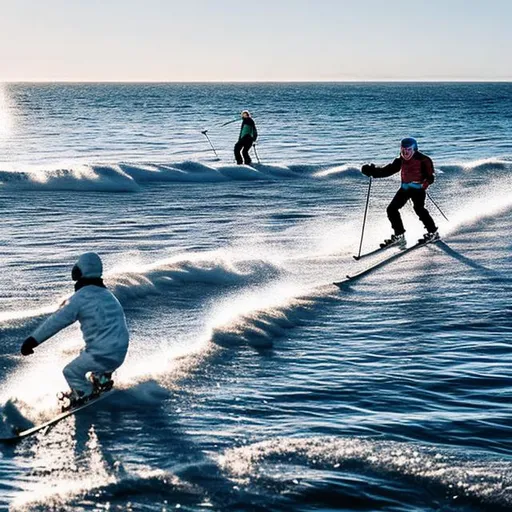 Prompt: People skiing on the sea
