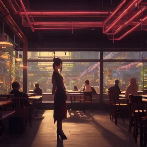 Prompt: long shot of a pretty woman in a restaurant in tokyo, hyperrealistic, futuristic, 4K, in the background the metaverse, neon, in the style of Andrew Wyeth