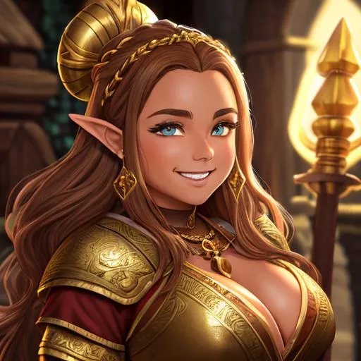 Prompt: oil painting, D&D fantasy, gold dwarf girl, tanned-skinned-female, stocky, beautiful, short bright dirty brown hair, wavy hair, smiling, pointed ears, looking at the viewer, cleric wearing intricate adventurer outfit, #3238, UHD, hd , 8k eyes, detailed face, big anime dreamy eyes, 8k eyes, intricate details, insanely detailed, masterpiece, cinematic lighting, 8k, complementary colors, golden ratio, octane render, volumetric lighting, unreal 5, artwork, concept art, cover, top model, light on hair colorful glamourous hyperdetailed medieval city background, intricate hyperdetailed breathtaking colorful glamorous scenic view landscape, ultra-fine details, hyper-focused, deep colors, dramatic lighting, ambient lighting god rays, flowers, garden | by sakimi chan, artgerm, wlop, pixiv, tumblr, instagram, deviantart