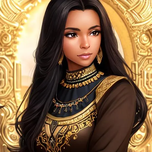 Prompt: Best looking woman in the world, with perfect composition, insanely detailed, highly detailed, good quality full HD, Dark brown skin, a sharp small nose, knee-length long black hair, brown eyes, modest long sleeve black dress with gold jewelry, and a desert background.
