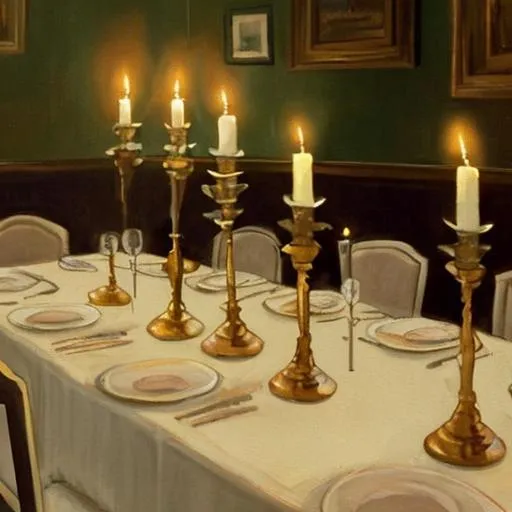 A painting of a table set for a candlelit dinner at... OpenArt