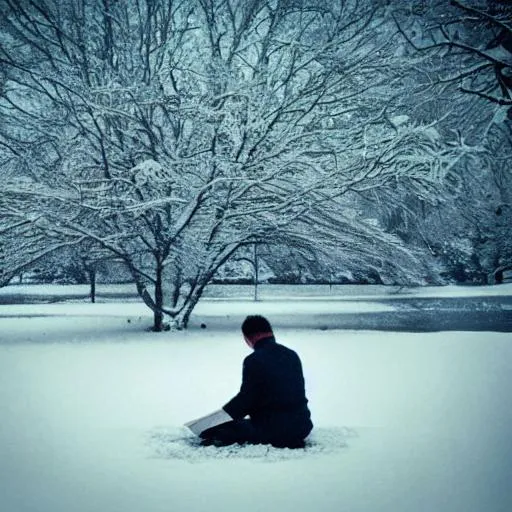 Prompt: artistic shot from afar of a person reading a book underneath a snowy sapling
