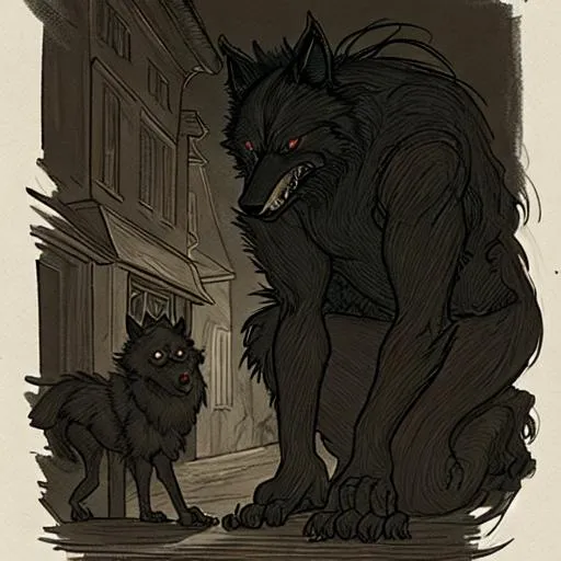 Prompt: werewolf lurking outside in a dark street, frightening and scary, baroque, Abigail Larson