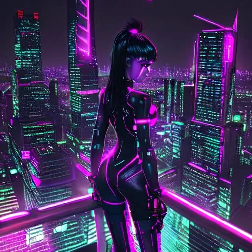 Prompt: In the dimly-lit neon cityscape of the future, a young cyber punk girl stands poised on the edge of a skyscraper, her sleek cybernetic enhancements glinting in the flickering lights of the surrounding high-tech metropolis. With a determined look on her face, she surveys the sprawling city below, ready to take on whatever challenges come her way. She has cybernetic enhancements, and any other defining features that make her a true embodiment of the cyber punk aesthetic.