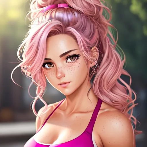 Prompt: extremely realistic, hyperdetailed, pink wavy hair in a messy bun anime tomboy, face full of freckles, toned body, showing abs midriff, highly detailed face, highly detailed eyes, highly detailed body, full body, whole body visible, full character visible, soft lighting, high definition, ultra realistic, 2D drawing, 8K, digital art