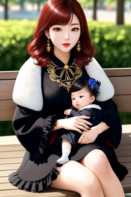 Prompt: beautiful Korean girl , Age=22, wearing only gold black coat, blue short hairs in park, dreamy and ethereal, peaceful expression, ornate frilly dress, fantasy, intricate, elegant, hold a cute baby full-color black girl ((bright red gloss lips, rosy cheeks, red lips, Red pink dress, voluminous auburn brown hair,  smooth soft skin, soft lighting, beautiful detailed eyes, rounded hips, perfect body, beautiful intricate coloured hair, symmetrical, full body, perfect composition, hyperrealistic, super detailed, tulip warrior, wearing soft)) in your hand, highly detailed, digital