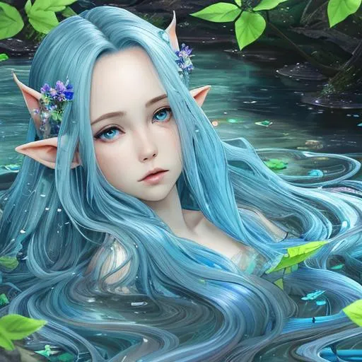 Prompt: UHD, environment, bloom, leaves, in a river, Highly detailed, HD colour, Young, iridesence, elf ears, blue flowing hair transitioning into water, HD colour
