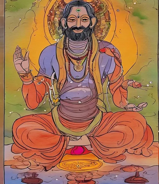 Prompt: paint me a yogi living in earth but not connected to it, he has mastered in his all senses & he is also in the corporate office in his employement, doing its karma without any expectancies of result - he is also a modern person who use now days gadgets and AI system