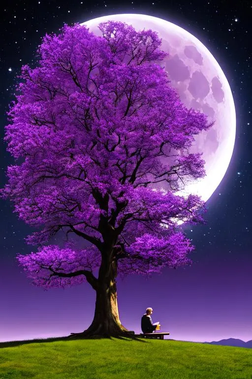 Prompt: Scenic view, Long distance, Big violet tree, Man sitting under tree, Big purple moon , Montain at distance, Night time, Cosmic atmosphere