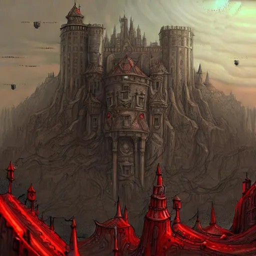 Prompt: deviantart, artstation, detailed, scraggy, dismal, rocky, big city in the background, castle, hell, hyperdetailed intricatel detailed, doom, red colors, intricate detail