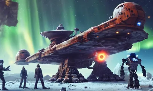 Prompt: huge old rusty spaceship getting repaired  by robots ice planet sparks fire welding people working aurora many colours   guard drinking milk enhance detail turret on spaceship real soldier thin landing gears symmetrical ship laser warzone dead body's on ground 