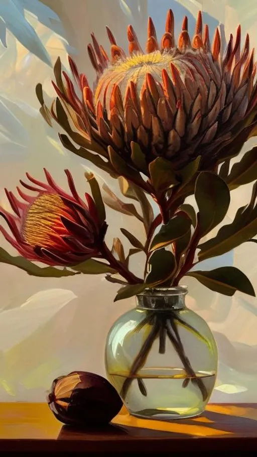 Prompt: A still life with a protea in a vase, done in the style of a loose oil painting, lit by sunlight with a fresh feel 