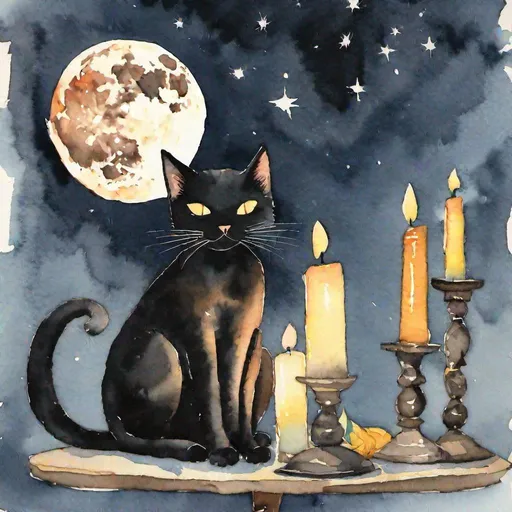 Prompt: 
A Watercolor, black cat  sitting with candles and the moon in the background 