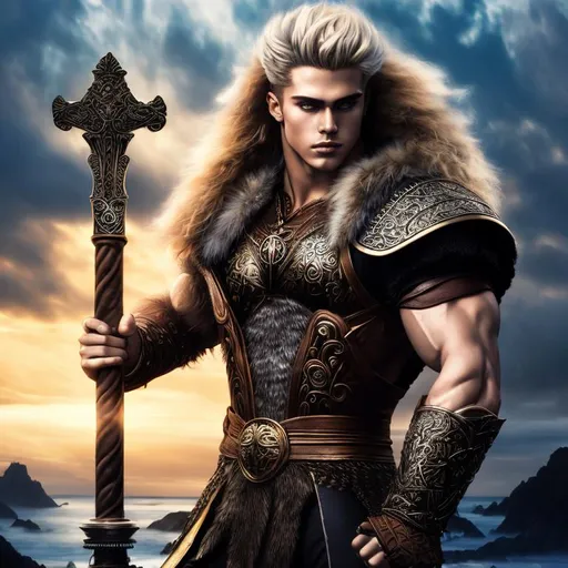 Prompt: 4k high res ultra detailed Luis Royo, Amy Sol style handsome 18 year old, Viking, warrior, with long blonde hair, no beard, dressed in beautiful fur and leather armor anime big blue eyes, body builder physique,  wielding Mjollnir hammer, ethereal fantasy hyperdetailed 