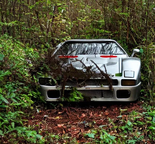 Prompt: abandoned ferrari f40 in bushes in forest