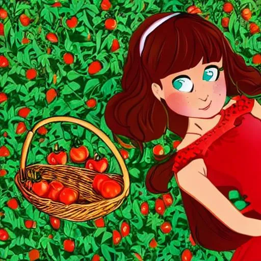 Prompt: A cute girl with a basket of tomatoes in cartoons style in a wonderland 