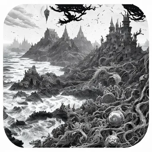 Prompt: impressive fantasy open sea shore barren landscape, beautiful line art, pure b & w, etching illustration, square sticker, by joe fenton and greg rutkowski