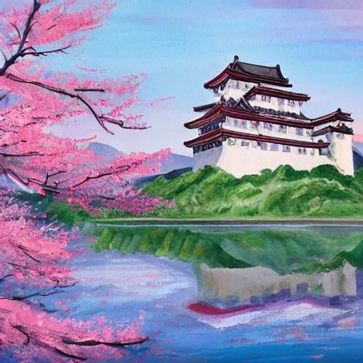 Prompt: a painting of a korean castle next to a mountain during the cherry blossom 