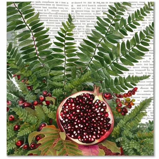 Prompt: ketubah page border square botanical art pomegranate new zealand fern